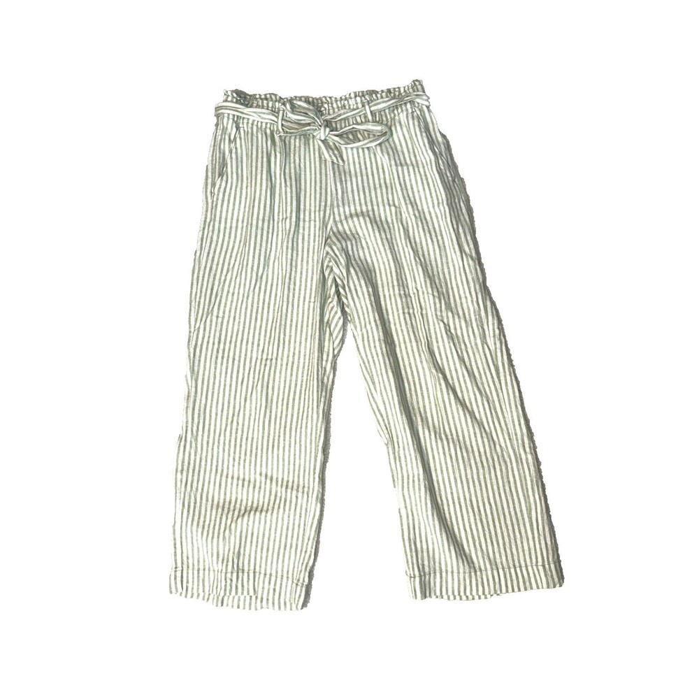 LOFT Linen Wide Leg Pants Womens M Pull On Striped Green White Beach Drawstring